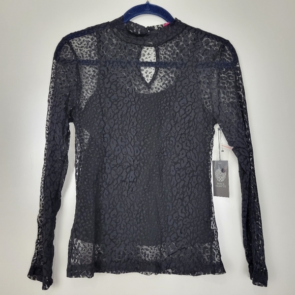 NWT Vince Camuto Mock Neck Long Sleeve Mesh Leopard Print Top in Black - Picture 5 of 16